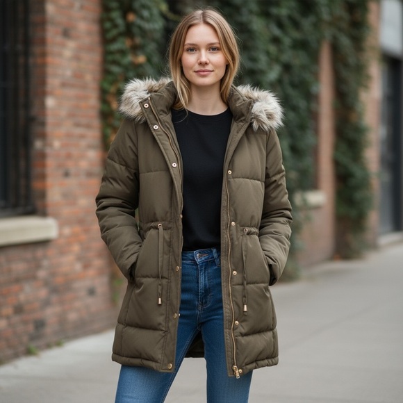 H&M Divided Long Winter Coat with Faux Fur Hood Size 4 - Picture 14 of 14